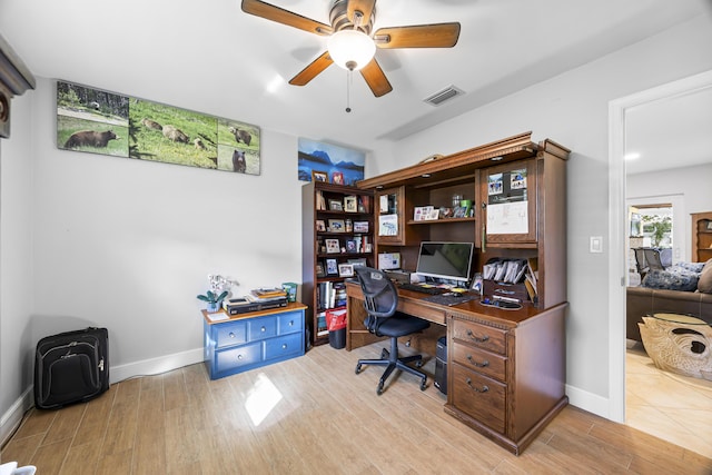 home office with ceiling fan, wood finished floors, visible vents, and baseboards