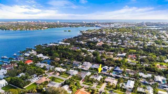 bird's eye view with a residential view and a water view