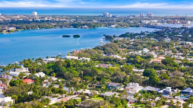 aerial view featuring a water view