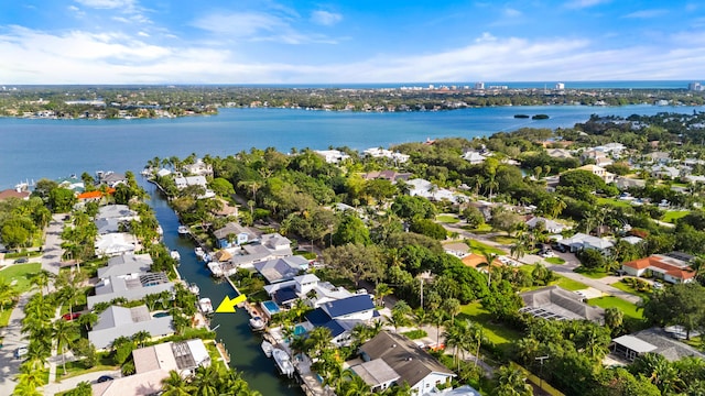 aerial view with a water view and a residential view