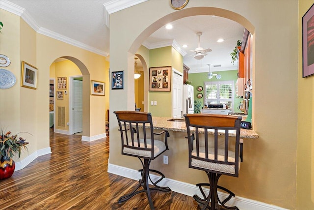 interior space with ceiling fan, dark hardwood / wood-style floors, and ornamental molding