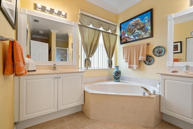 bathroom with tile patterned flooring, vanity, ornamental molding, and plus walk in shower