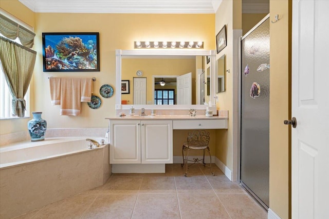 bathroom with vanity, tile patterned flooring, ceiling fan, ornamental molding, and independent shower and bath