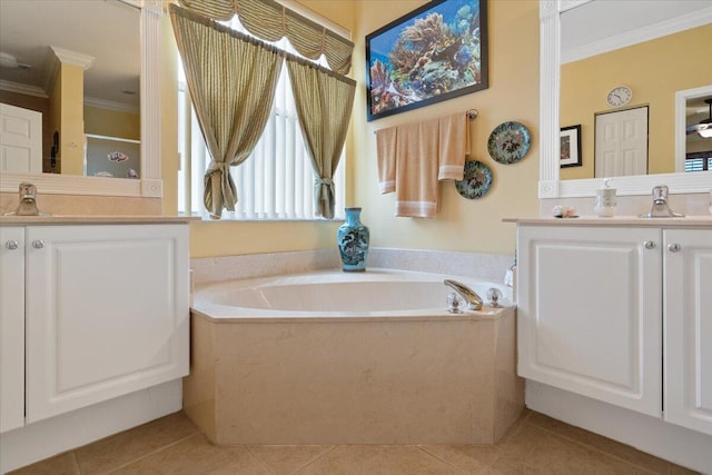 225 SW Coconut Key Way, Port Saint Lucie, FL 34986 - bathroom with ornamental molding, vanity, tile patterned floors, and a bath