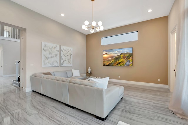 living area with a notable chandelier, recessed lighting, stairs, and baseboards