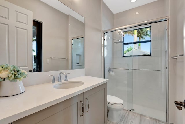 full bath featuring toilet, a shower stall, and vanity