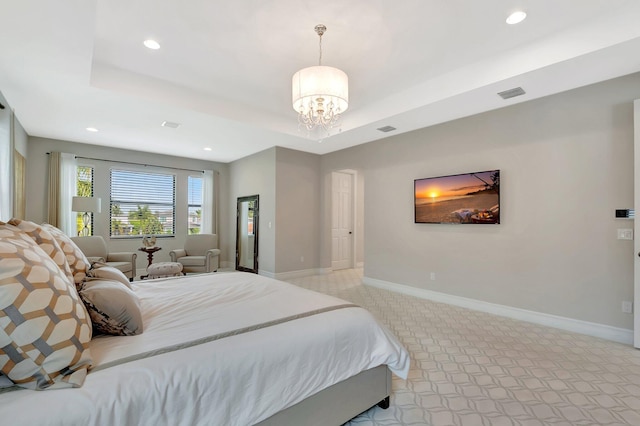 bedroom with recessed lighting, a raised ceiling, visible vents, light carpet, and baseboards