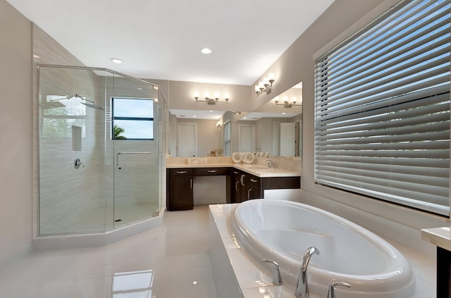 bathroom with tile patterned flooring, a garden tub, recessed lighting, vanity, and a shower stall