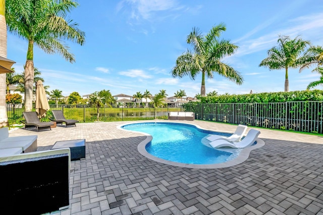 view of pool with a fenced in pool, a patio area, and a fenced backyard