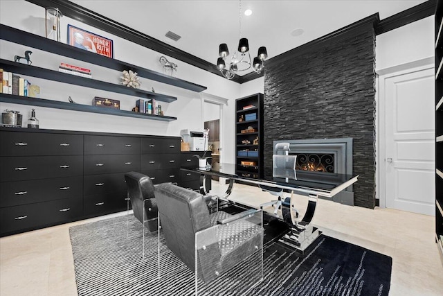 playroom featuring built in shelves, light tile patterned floors, crown molding, and a notable chandelier