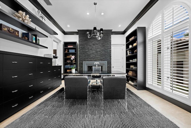 carpeted office space featuring a notable chandelier, ornamental molding, and built in shelves