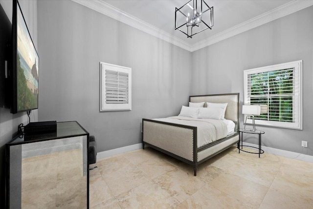 bedroom with ornamental molding and a notable chandelier