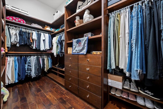 spacious closet with dark hardwood / wood-style flooring