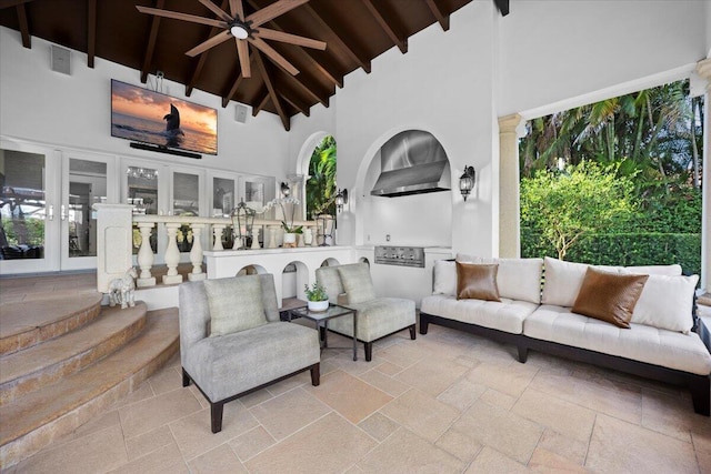 view of patio / terrace with french doors, area for grilling, and ceiling fan