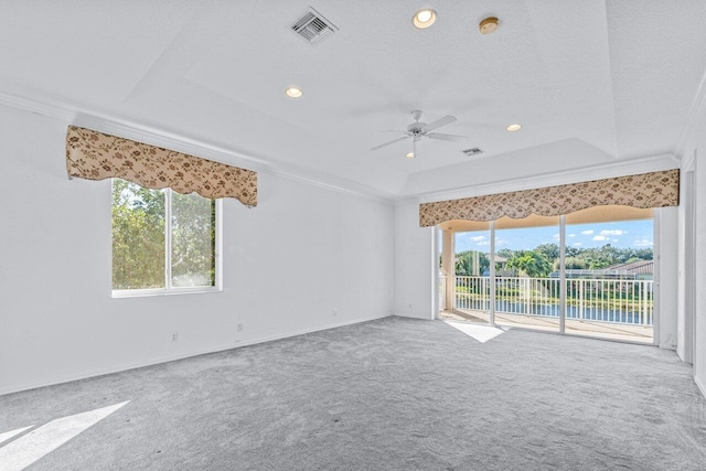 spare room featuring carpet flooring, a tray ceiling, ceiling fan, and ornamental molding