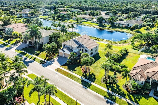 drone / aerial view with a water view