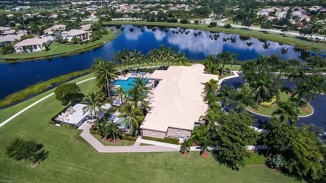 aerial view featuring a water view