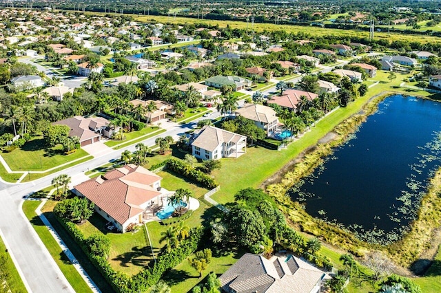 bird's eye view with a water view