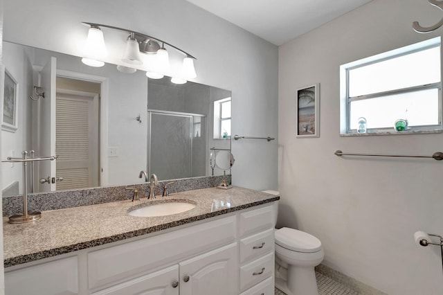 bathroom featuring tile patterned flooring, vanity, toilet, and a shower with door