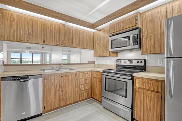 kitchen featuring backsplash, sink, light hardwood / wood-style flooring, and appliances with stainless steel finishes