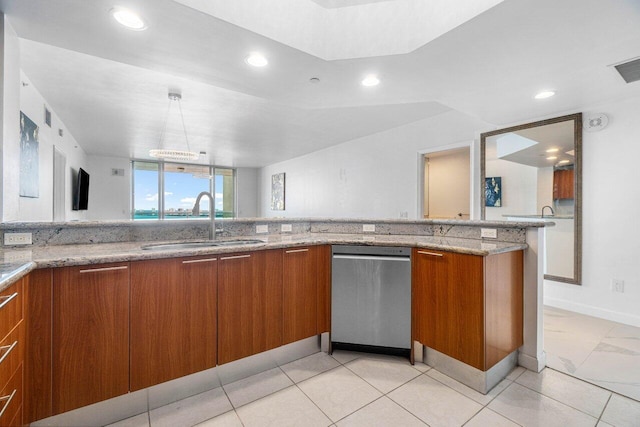 kitchen featuring kitchen peninsula, light stone countertops, sink, and stainless steel dishwasher