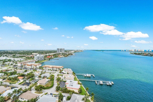 drone / aerial view featuring a water view