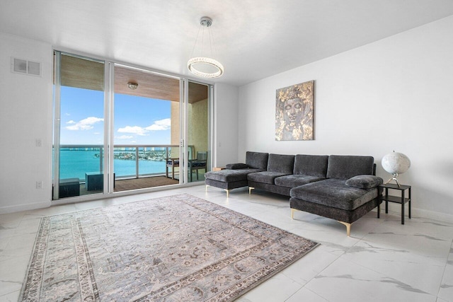 living room with a water view