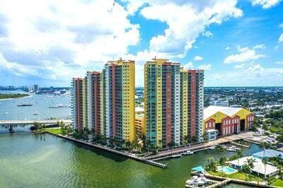 view of building exterior with a water view