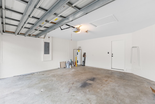 garage featuring a garage door opener, electric water heater, and electric panel