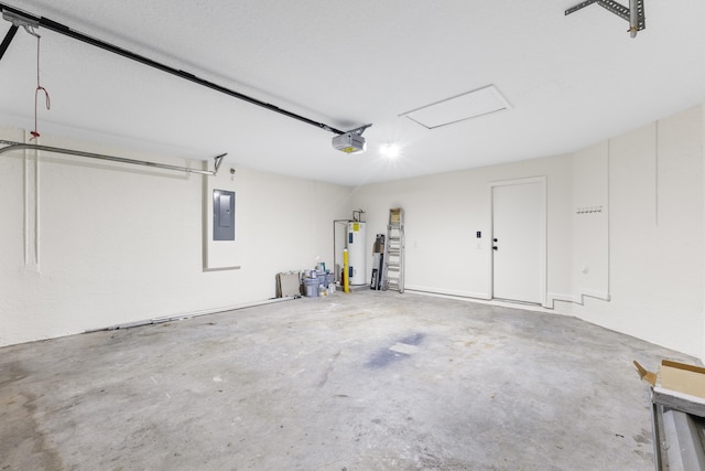 garage featuring electric panel, a garage door opener, and water heater