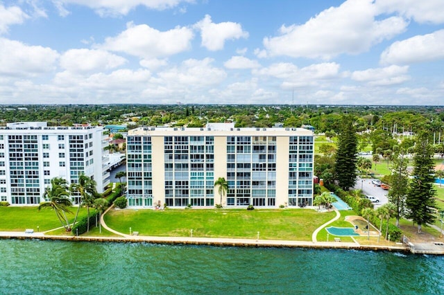 drone / aerial view with a water view