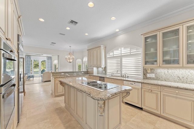 kitchen featuring hanging light fixtures, stainless steel appliances, tasteful backsplash, a kitchen island, and ornamental molding