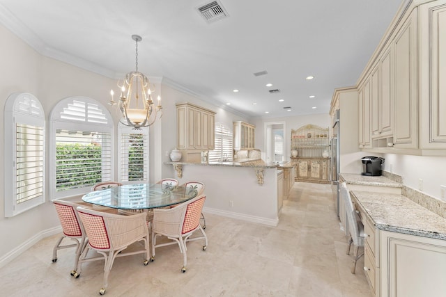 dining area with an inviting chandelier and crown molding