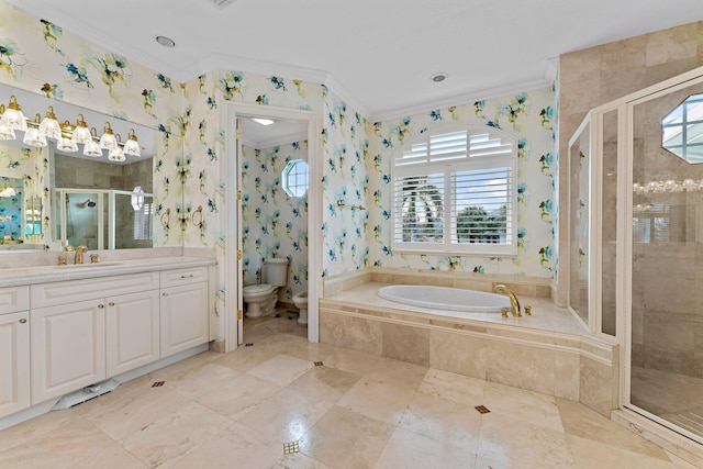 full bathroom with separate shower and tub, crown molding, a bidet, and a healthy amount of sunlight