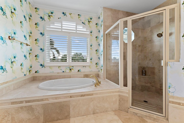 bathroom featuring tile patterned flooring, crown molding, and plus walk in shower