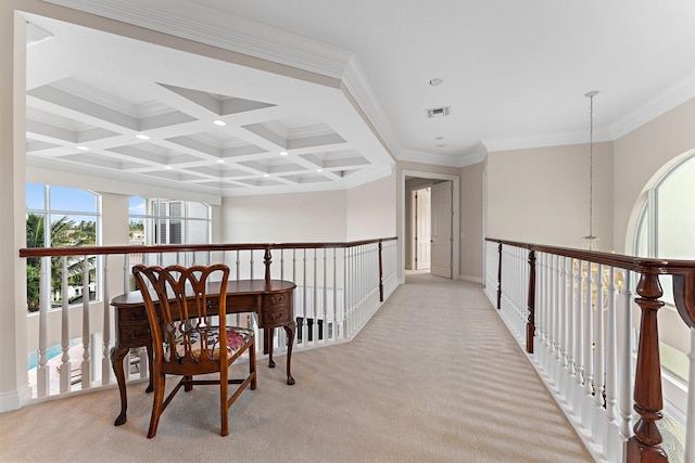 corridor featuring beam ceiling, light colored carpet, coffered ceiling, and ornamental molding