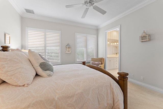 carpeted bedroom featuring ceiling fan, ornamental molding, connected bathroom, and multiple windows