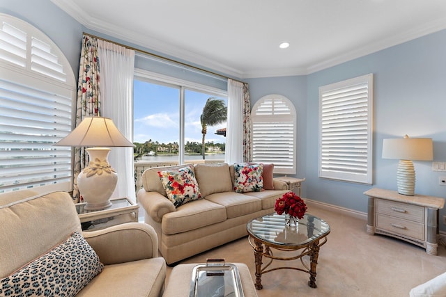 carpeted living room featuring crown molding