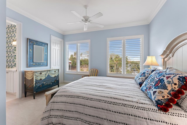 bedroom featuring light carpet, ceiling fan, and crown molding