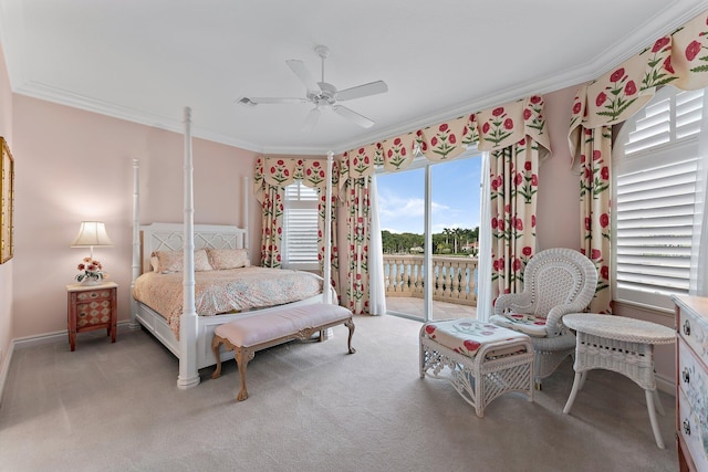 bedroom with carpet flooring, ceiling fan, ornamental molding, and access to outside