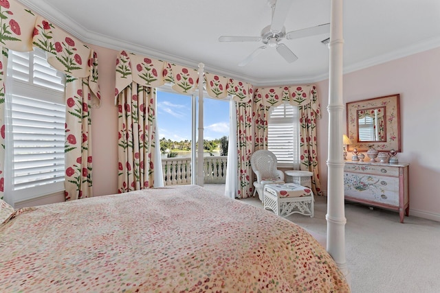 bedroom with access to outside, multiple windows, ceiling fan, and light colored carpet