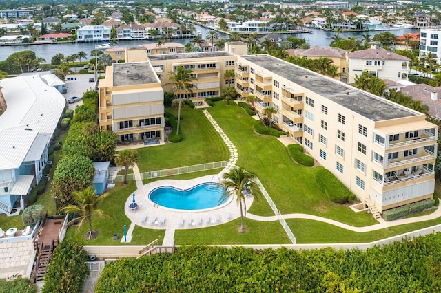 bird's eye view with a water view