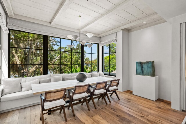 sunroom featuring breakfast area, beam ceiling, and wood ceiling