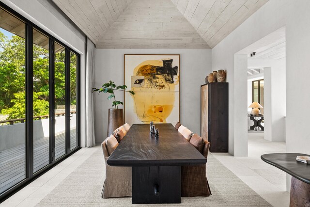 dining area featuring wooden ceiling and lofted ceiling