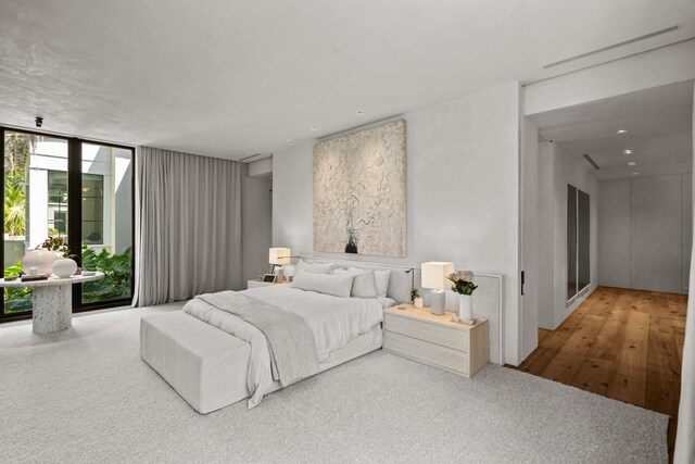 bedroom featuring expansive windows and wood-type flooring