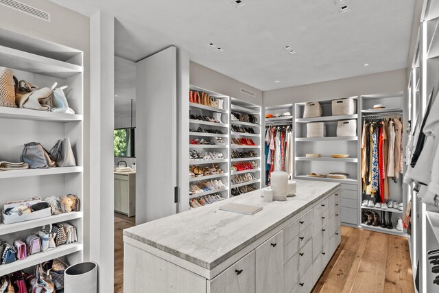 spacious closet with light hardwood / wood-style flooring and sink