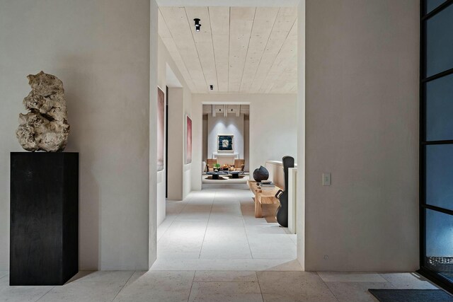 hallway with wood ceiling