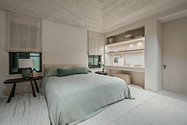 bedroom with wooden ceiling