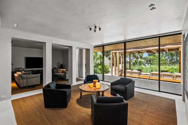 living room with plenty of natural light and a wall of windows