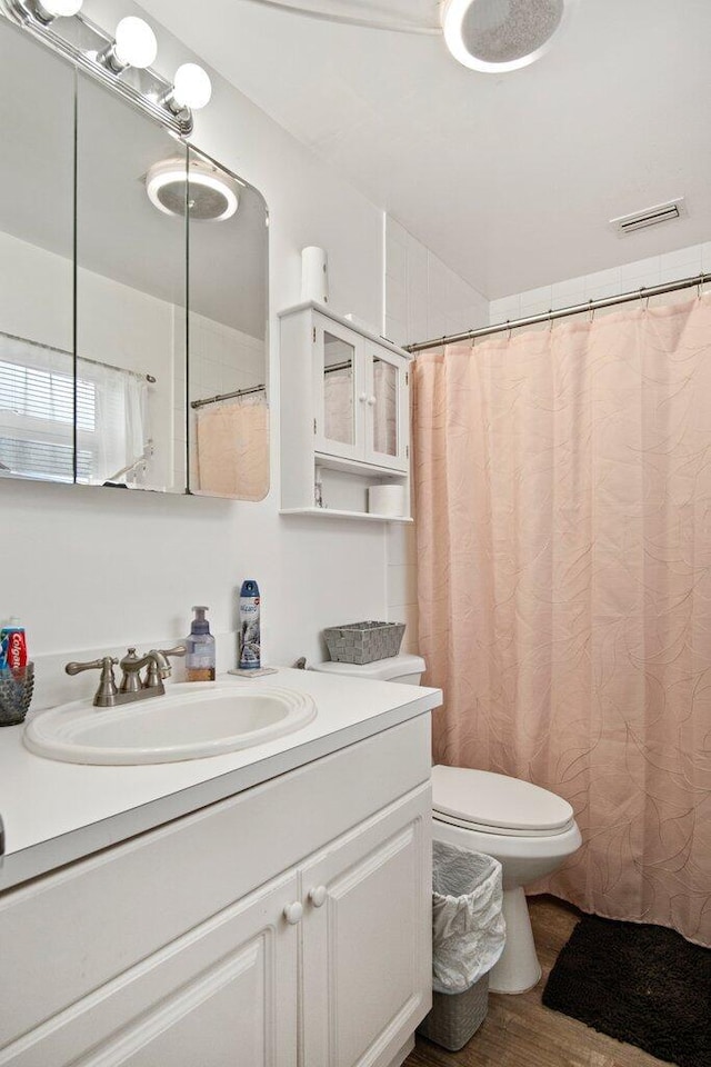 bathroom featuring vanity, toilet, and wood-type flooring